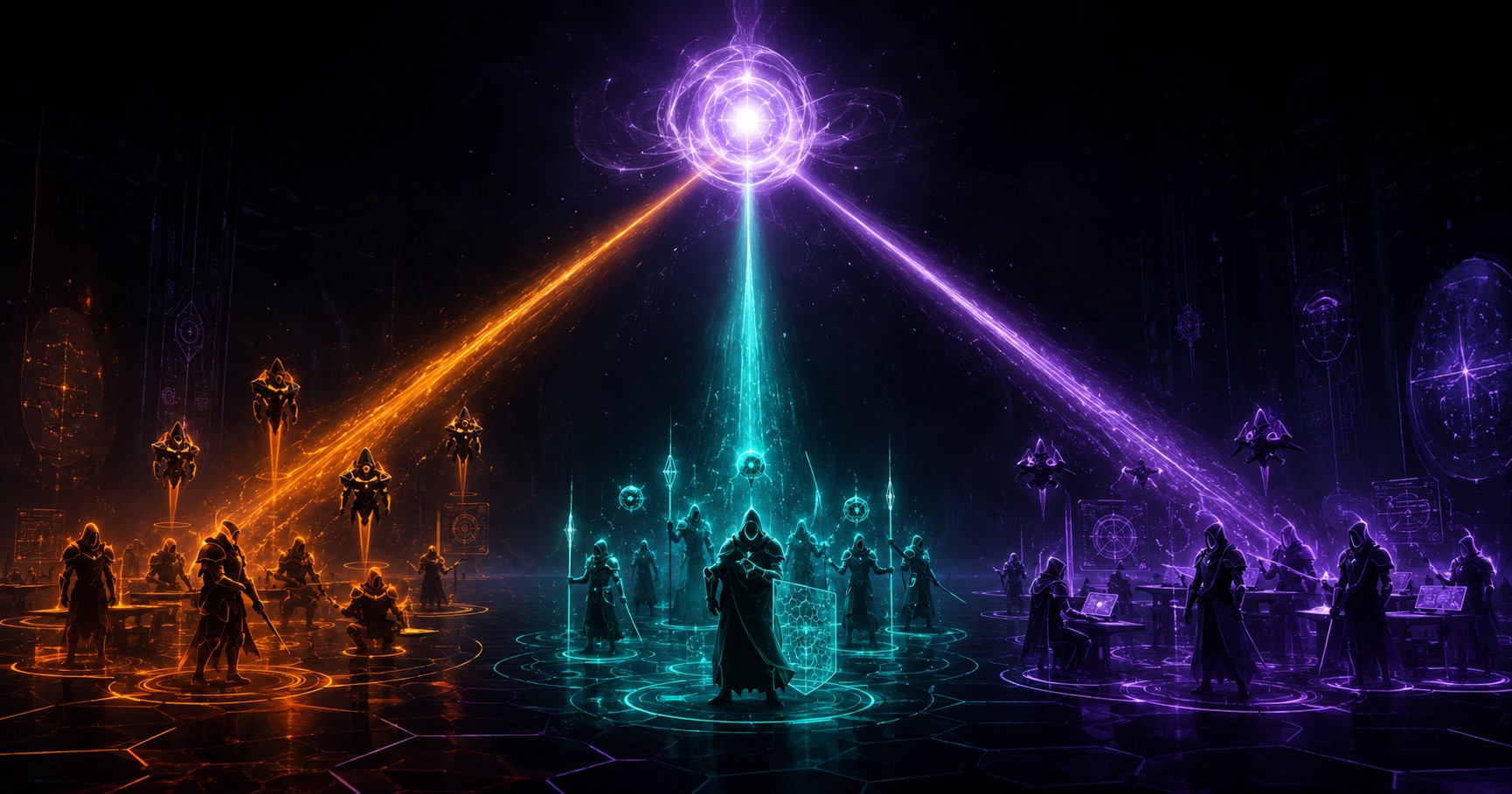 The Familiar as a luminous companion commanding three color-spined orders of watchers along orange, teal, and purple beams