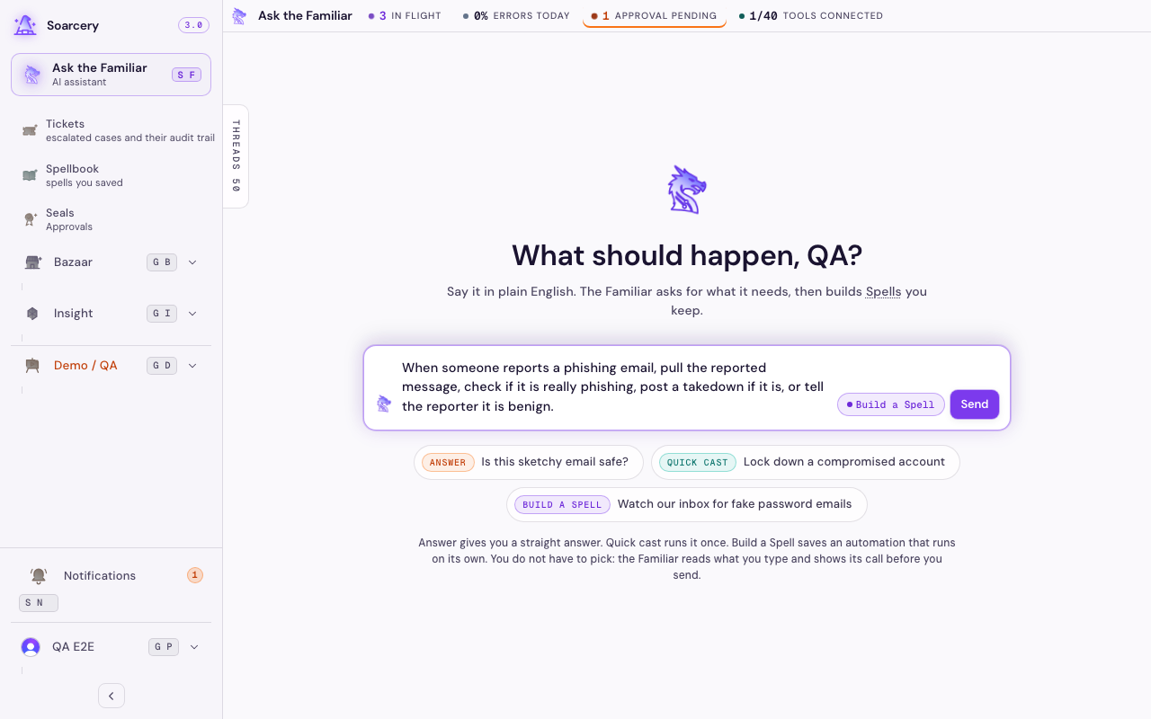 A Familiar build with the assembling spell on the right, one step hovered to show edit, remove, and insert controls, and the conversation confirming a change on the left.