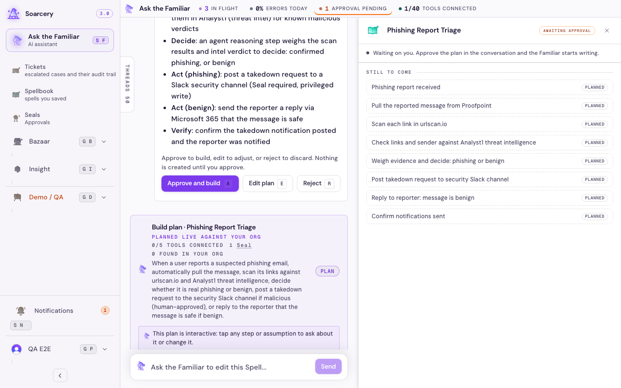 A Familiar build plan document showing numbered steps, tool connection states, and listed assumptions, with approve, edit, and reject decision buttons in the chat beside it.
