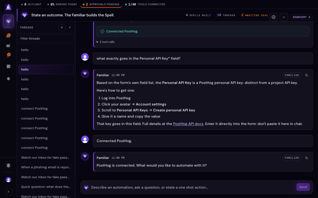 A Familiar conversation showing a tool marked Connected after a successful credential test, with the paused build resuming.