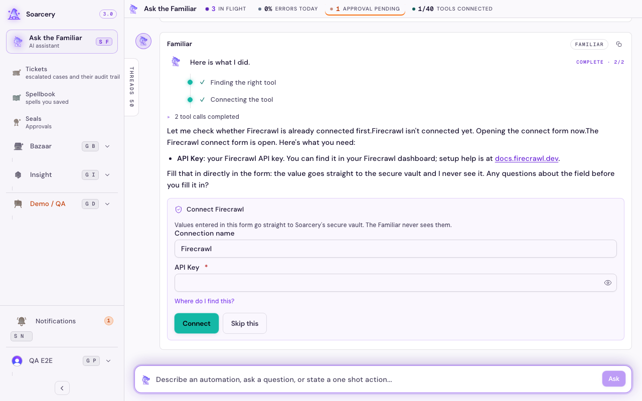 A credential connect form open inside a Familiar conversation, showing masked secret fields, per-field help links, a vault trust note, and a Connect button.