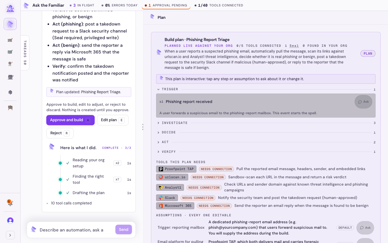 The Familiar split into a conversation on the left and a live plan document on the right.
