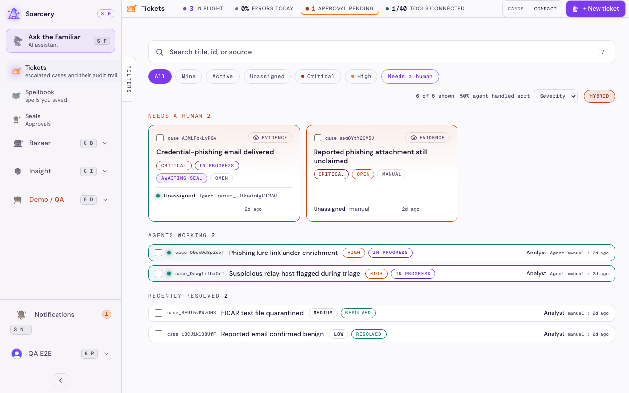 A list of open tickets with severity, entity, and status columns.