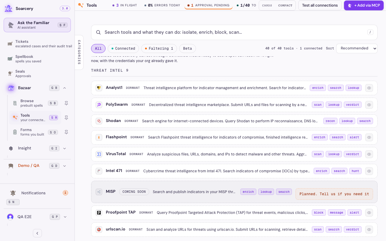 The Tools surface showing connected tools with a Connected status and health indicators, next to catalog entries you can connect.