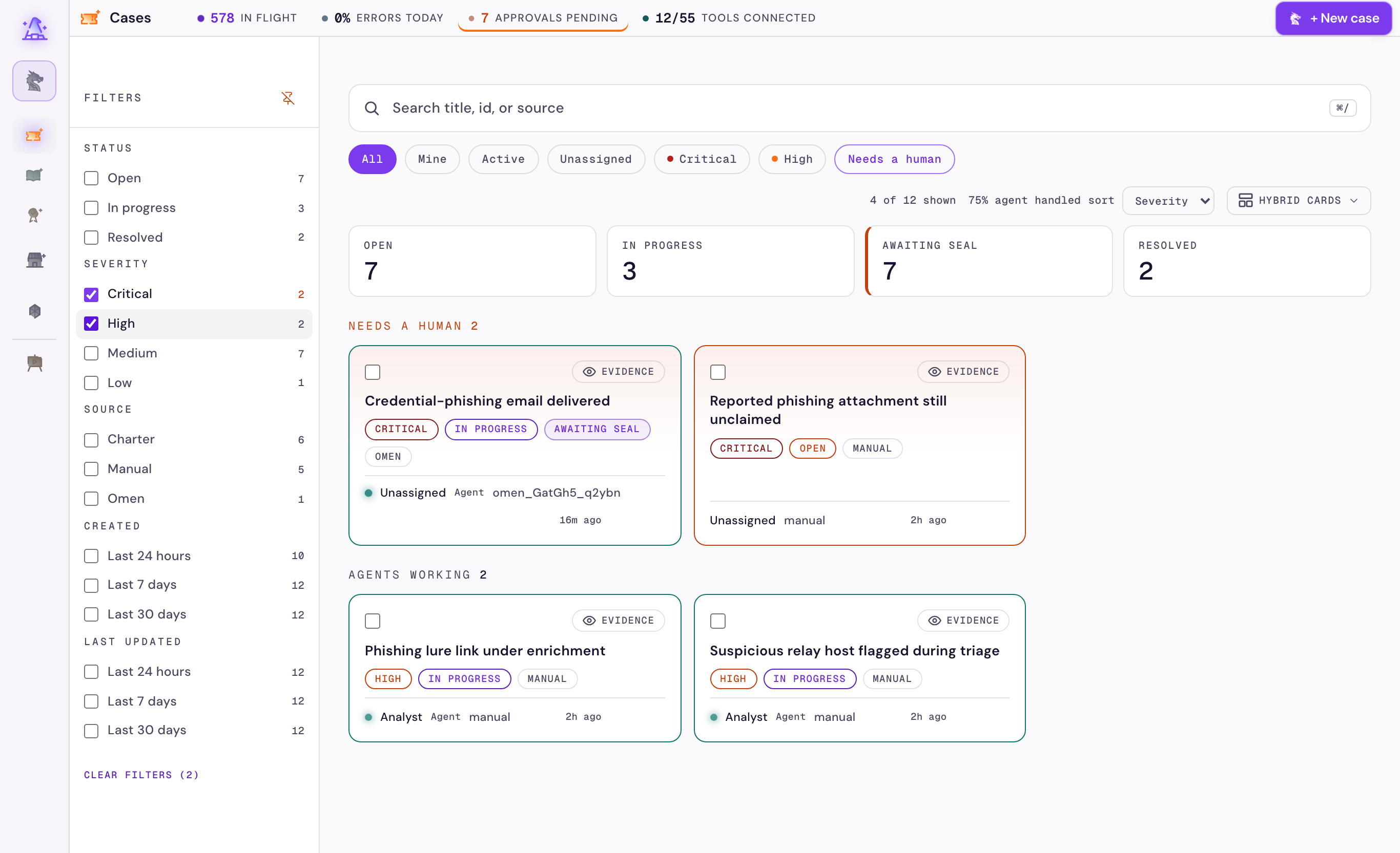 The Soarcery case queue: open investigations listed with status and severity, demo data