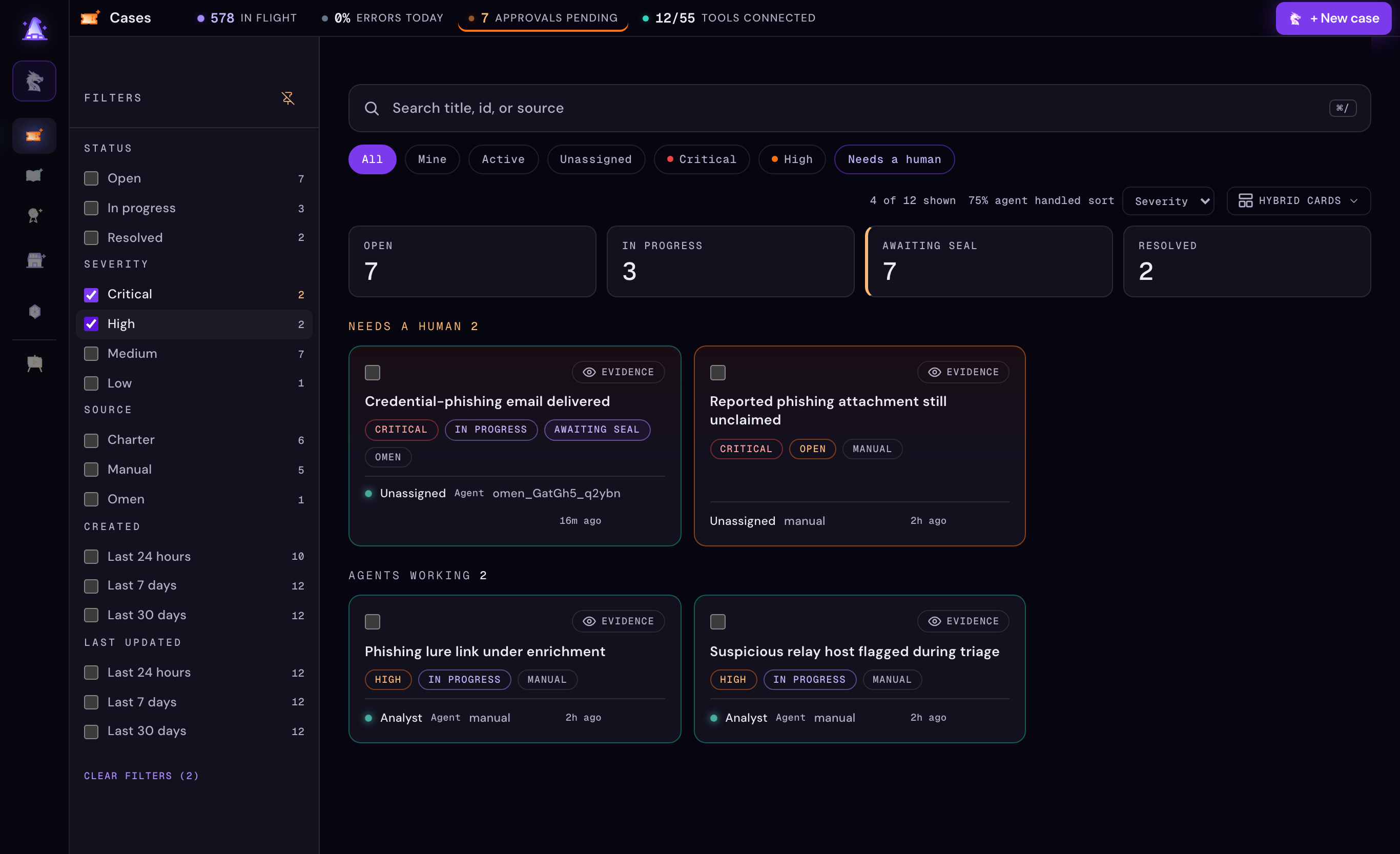 The Soarcery case queue: open investigations listed with status and severity, demo data