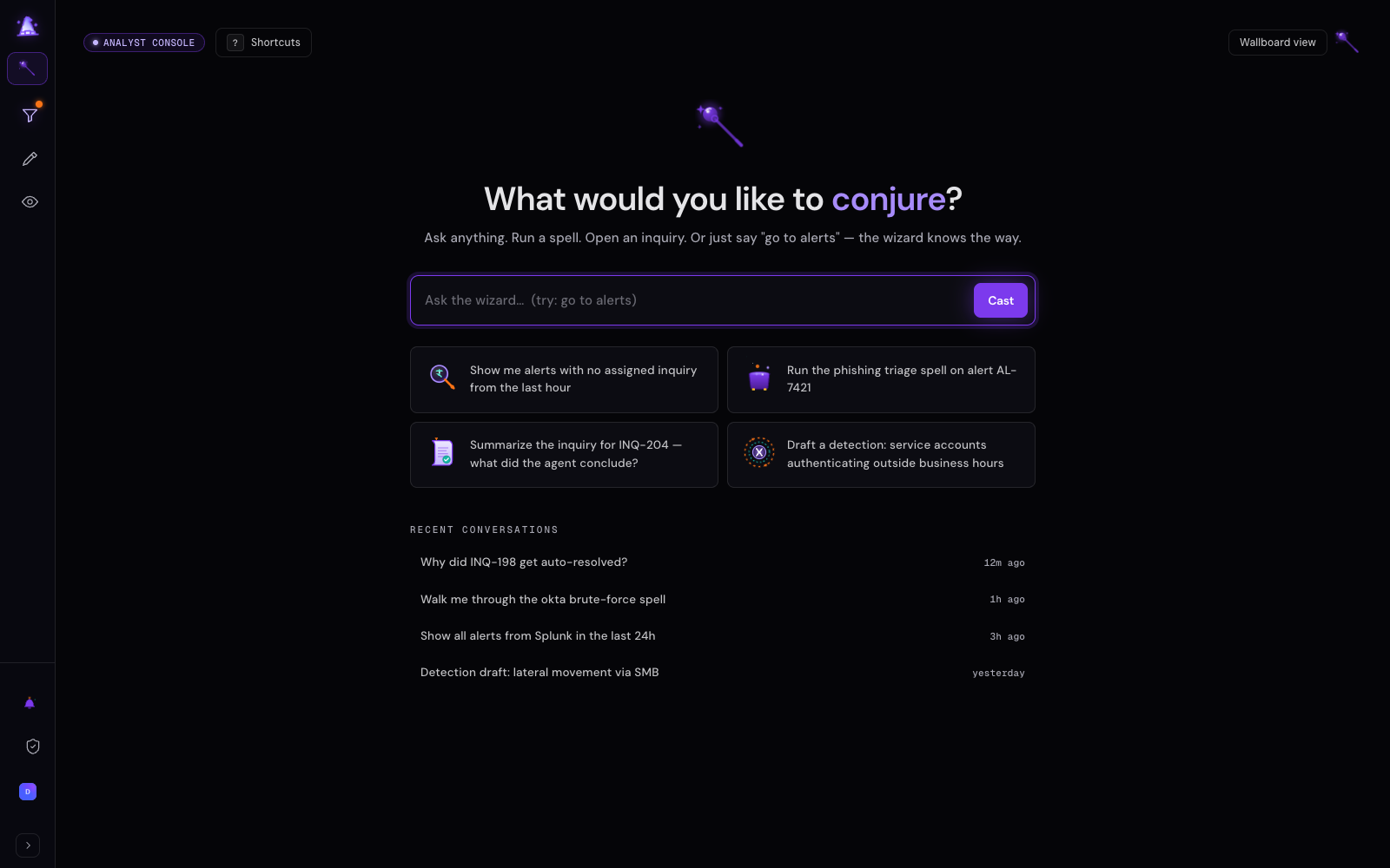 The Soarcery analyst console: a natural-language prompt with suggested investigations and recent conversations