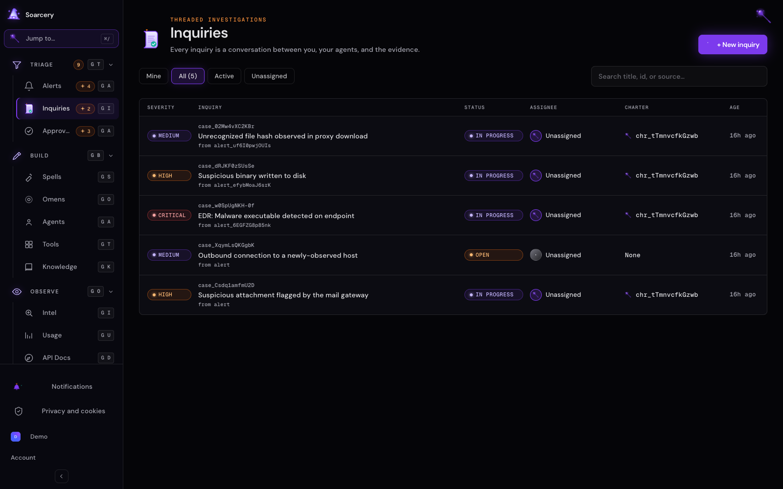 The Soarcery inquiries queue: threaded investigations with severity, status, assignee, and charter columns